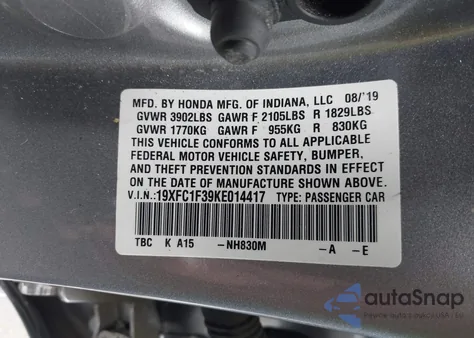 2019 Honda Civic Ex z USA, uszkodzony, nr VIN 19XFC1F39KE014417